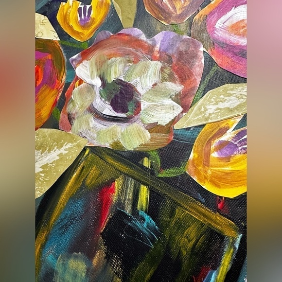 Painting Original Art Mixed Media Acrylic Collage on Canvas 12x16 Floral signed - Picture 5 of 12
